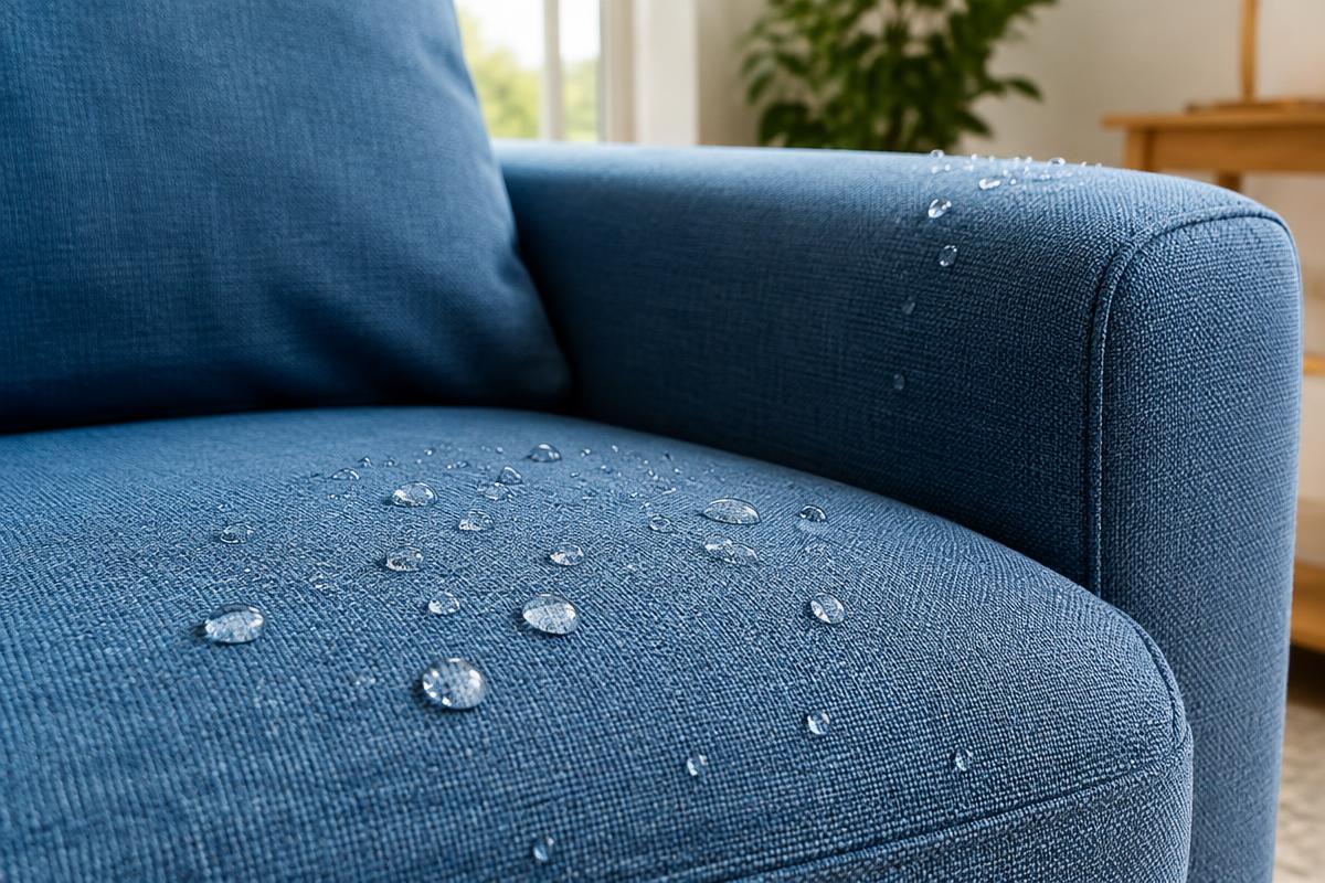 Gotas de água sobre tecido de sofá azul com blindagem